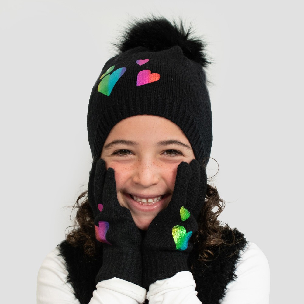 Kids Knit Beanie Featuring Metallic Hearts And Faux Fur Pom - 50% Viscose/ 30% Polyester/ 20% Nylon - S/M Fits 3-6 - M/L Fits 6-12 view 4