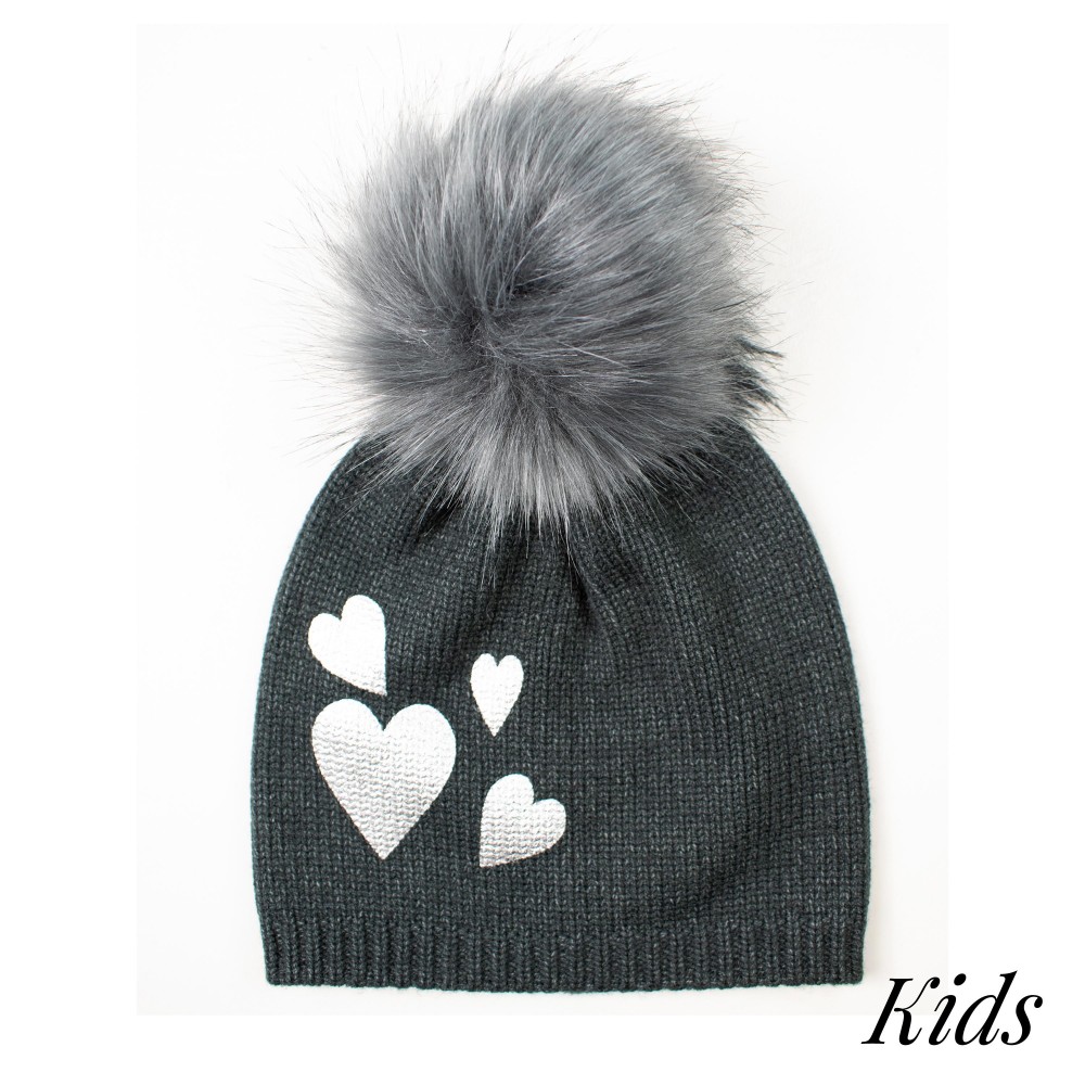 Kids Knit Beanie Featuring Metallic Hearts And Faux Fur Pom - 50% Viscose/ 30% Polyester/ 20% Nylon - S/M Fits 3-6 - M/L Fits 6-12 view 2