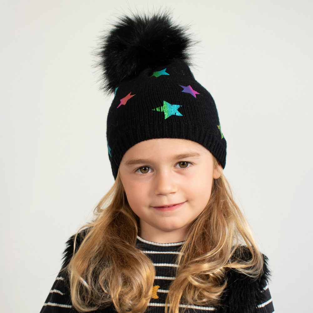 Kids Knit Beanie Featuring Metallic Printed Stars And Faux Fur Pom - 50% Viscose/ 30% Polyester/ 20% Nylon - S/M Fits 3-6 view 2