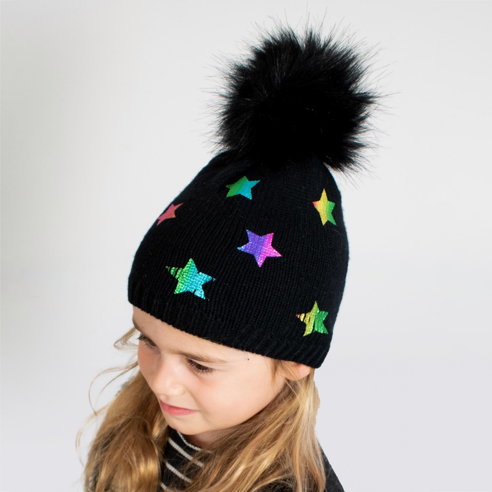 Kids Knit Beanie Featuring Metallic Printed Stars And Faux Fur Pom - 50% Viscose/ 30% Polyester/ 20% Nylon - S/M Fits 3-6 view 4