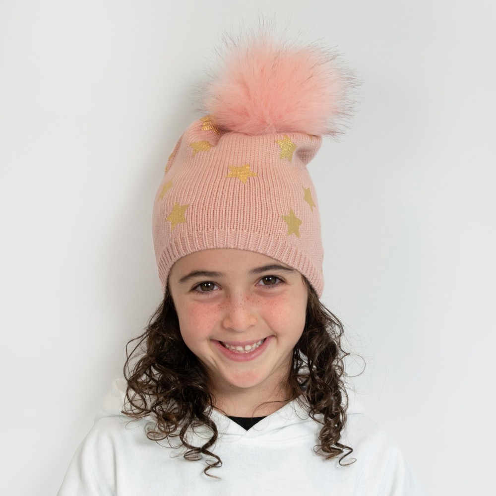 Kids Knit Beanie Featuring Metallic Printed Stars And Faux Fur Pom - 50% Viscose/ 30% Polyester/ 20% Nylon - M/L Fits 6-12 view 2