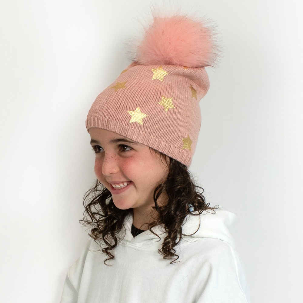 Kids Knit Beanie Featuring Metallic Printed Stars And Faux Fur Pom - 50% Viscose/ 30% Polyester/ 20% Nylon - S/M Fits 3-6 view 4