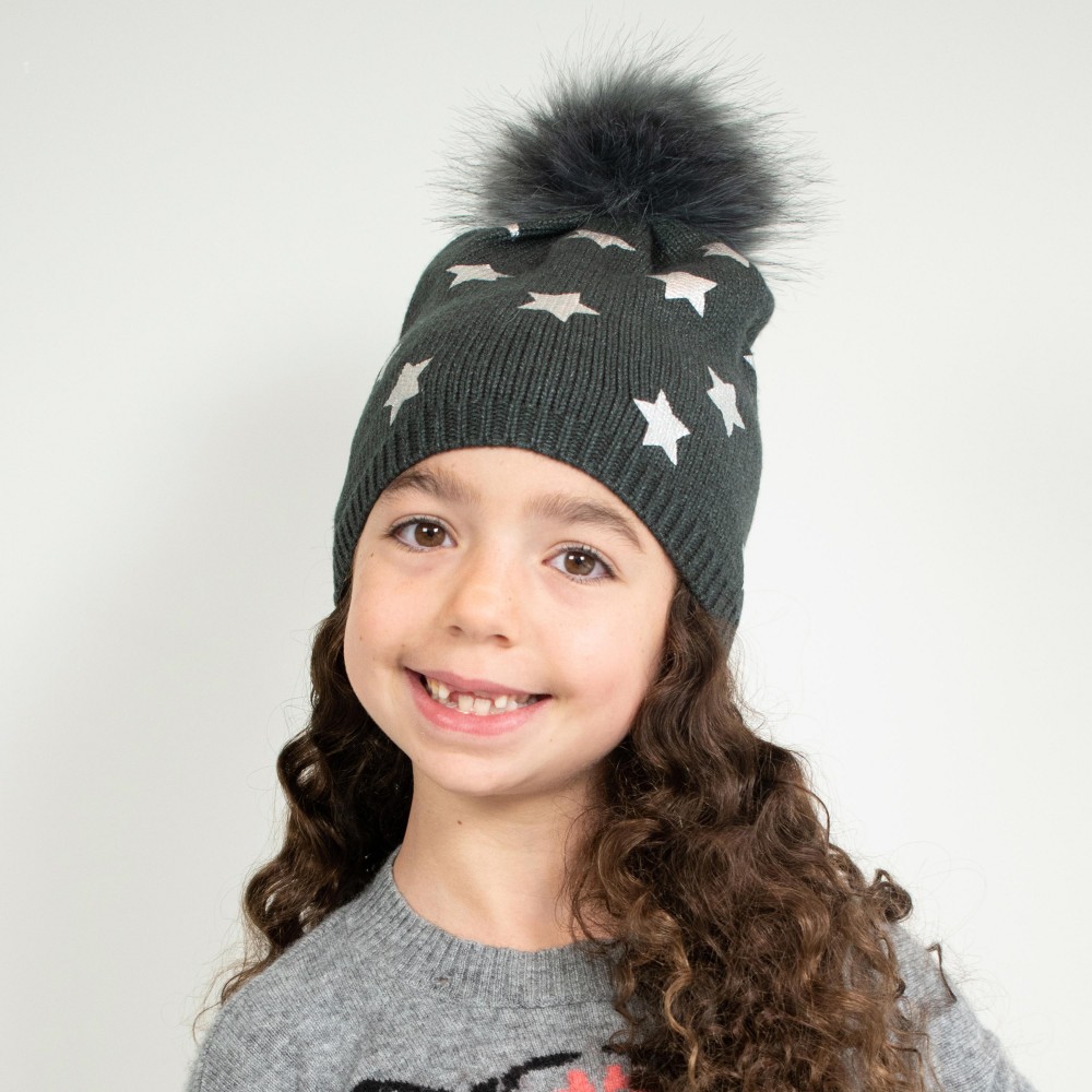 Kids Knit Beanie Featuring Metallic Printed Stars And Faux Fur Pom - 50% Viscose/ 30% Polyester/ 20% Nylon - M/L Fits 6-12 view 2
