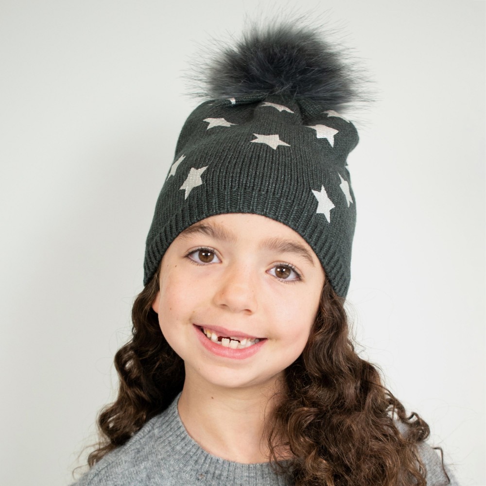 Kids Knit Beanie Featuring Metallic Printed Stars And Faux Fur Pom - 50% Viscose/ 30% Polyester/ 20% Nylon - M/L Fits 6-12 view 4
