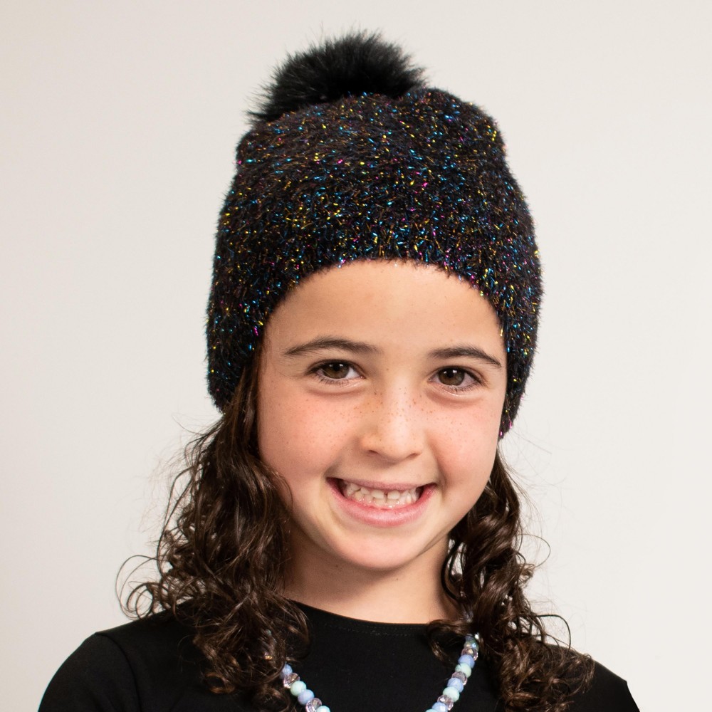 Kids Knit Beanie Featuring Metal Tensile & Faux Fur Pom - 45% Polyester/ 45% Nylon/ 7% Metal/ 2% Rubber/ 1% Spandex - S/M Fits 3-5 view 2