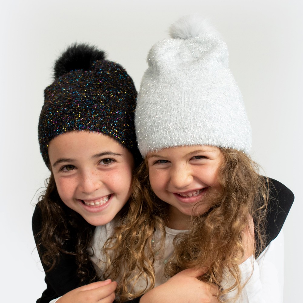 Kids Knit Beanie Featuring Metal Tensile & Faux Fur Pom - 45% Polyester/ 45% Nylon/ 7% Metal/ 2% Rubber/ 1% Spandex - S/M Fits 3-5 view 4