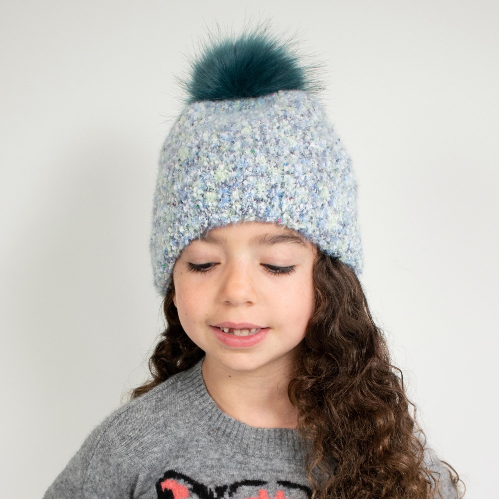 Kids Mixed Knit Beanie With Sequins And PomPom - 43% Acrylic/ 32% Nylon/ 23% Polyester/ 2% Sequins - Small Fits 3-6 -Medium Fits 6-12 view 2