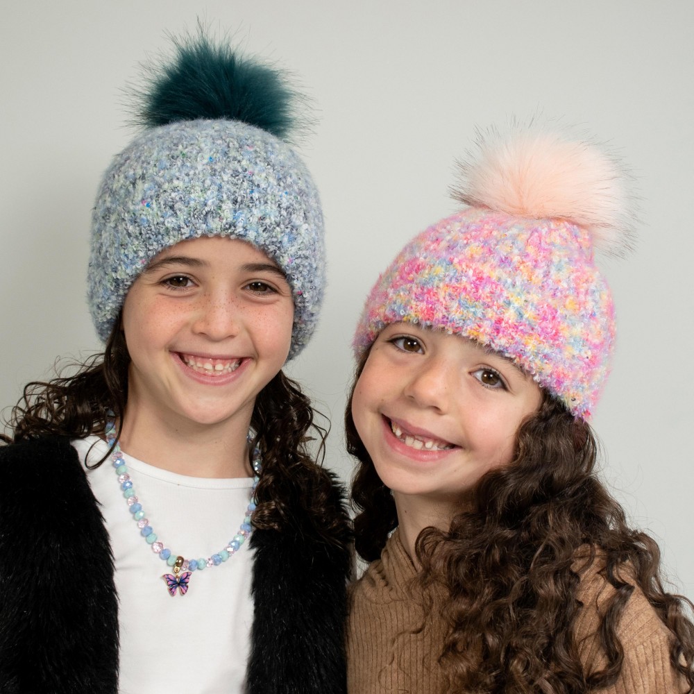 Kids Mixed Knit Beanie With Sequins And PomPom - 43% Acrylic/ 32% Nylon/ 23% Polyester/ 2% Sequins - Small Fits 3-6 -Medium Fits 6-12 view 4