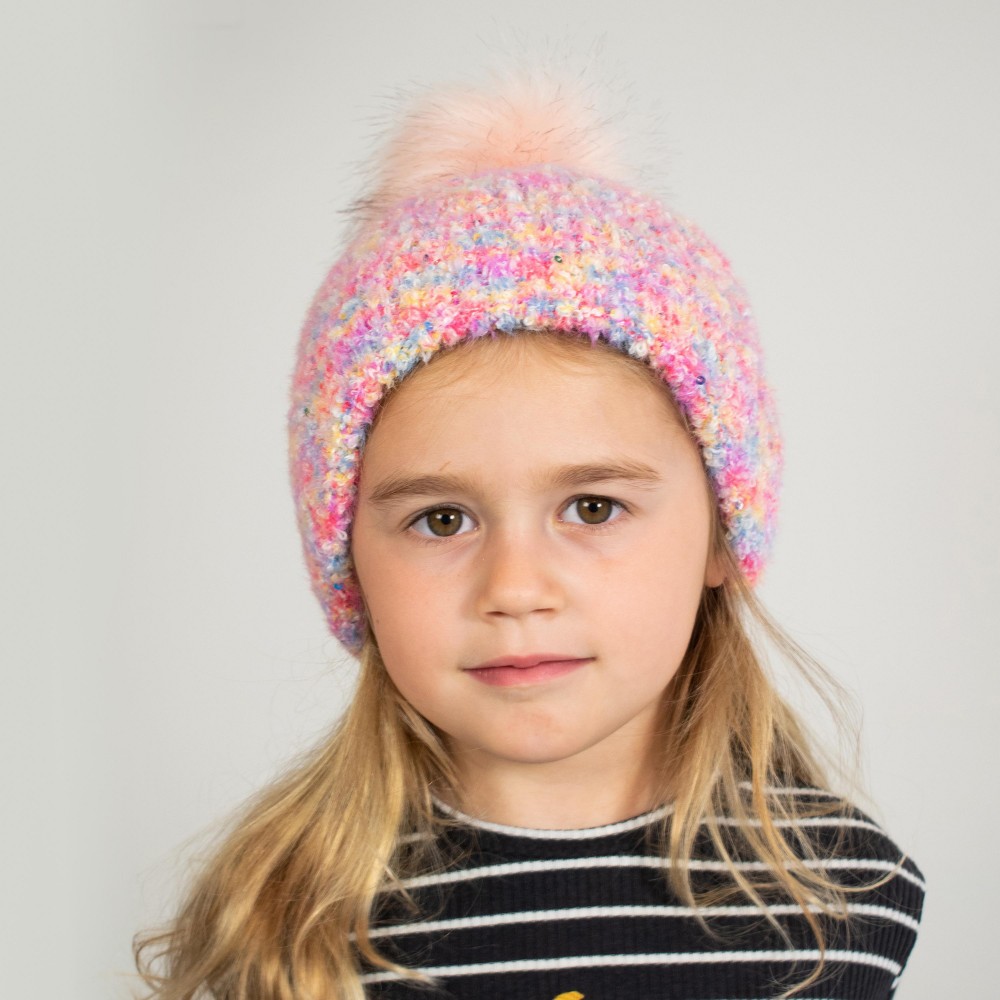 Kids Mixed Knit Beanie With Sequins And PomPom - 43% Acrylic/ 32% Nylon/ 23% Polyester/ 2% Sequins - Small Fits 3-6 -Medium Fits 6-12 view 2