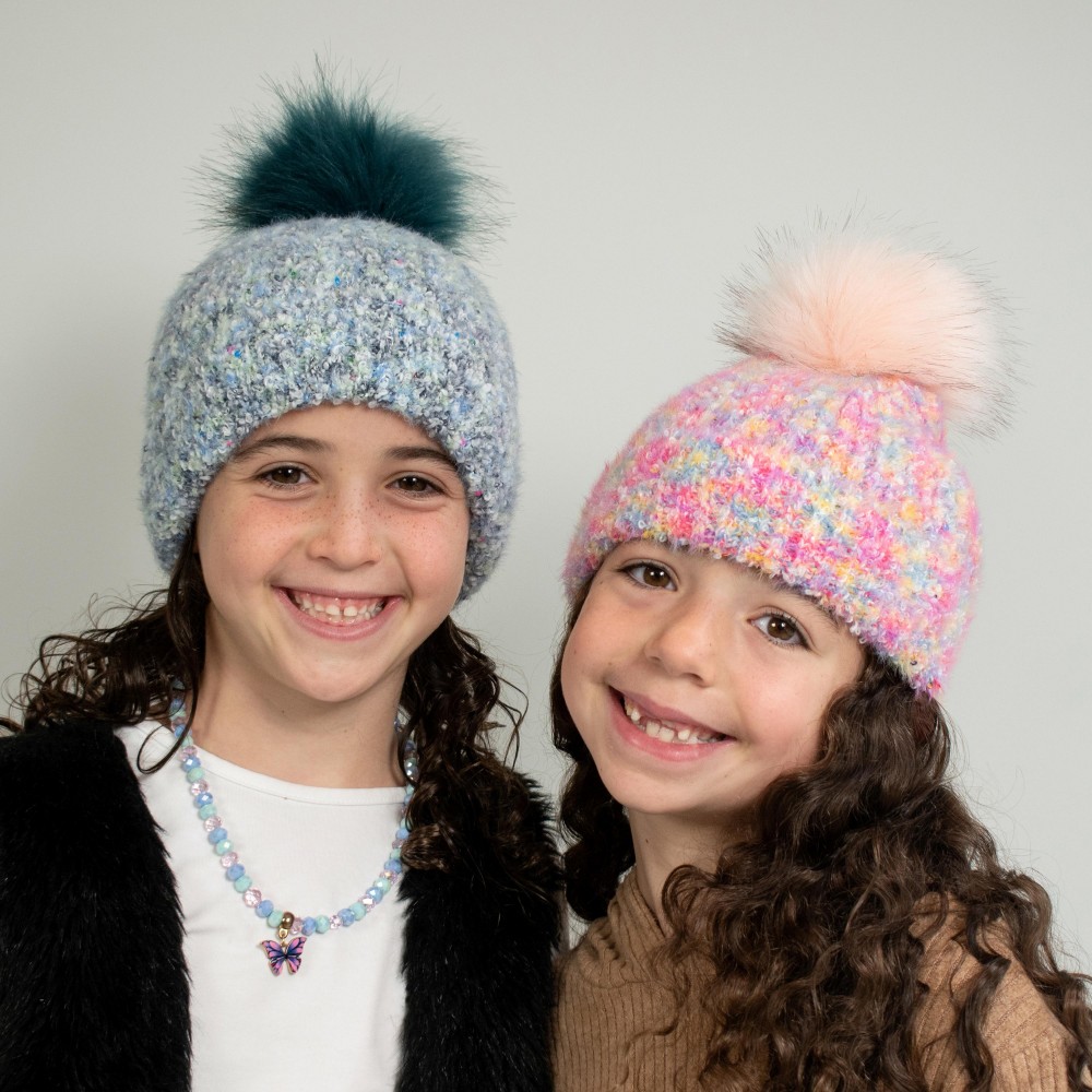 Kids Mixed Knit Beanie With Sequins And PomPom - 43% Acrylic/ 32% Nylon/ 23% Polyester/ 2% Sequins - Small Fits 3-6 -Medium Fits 6-12 view 4