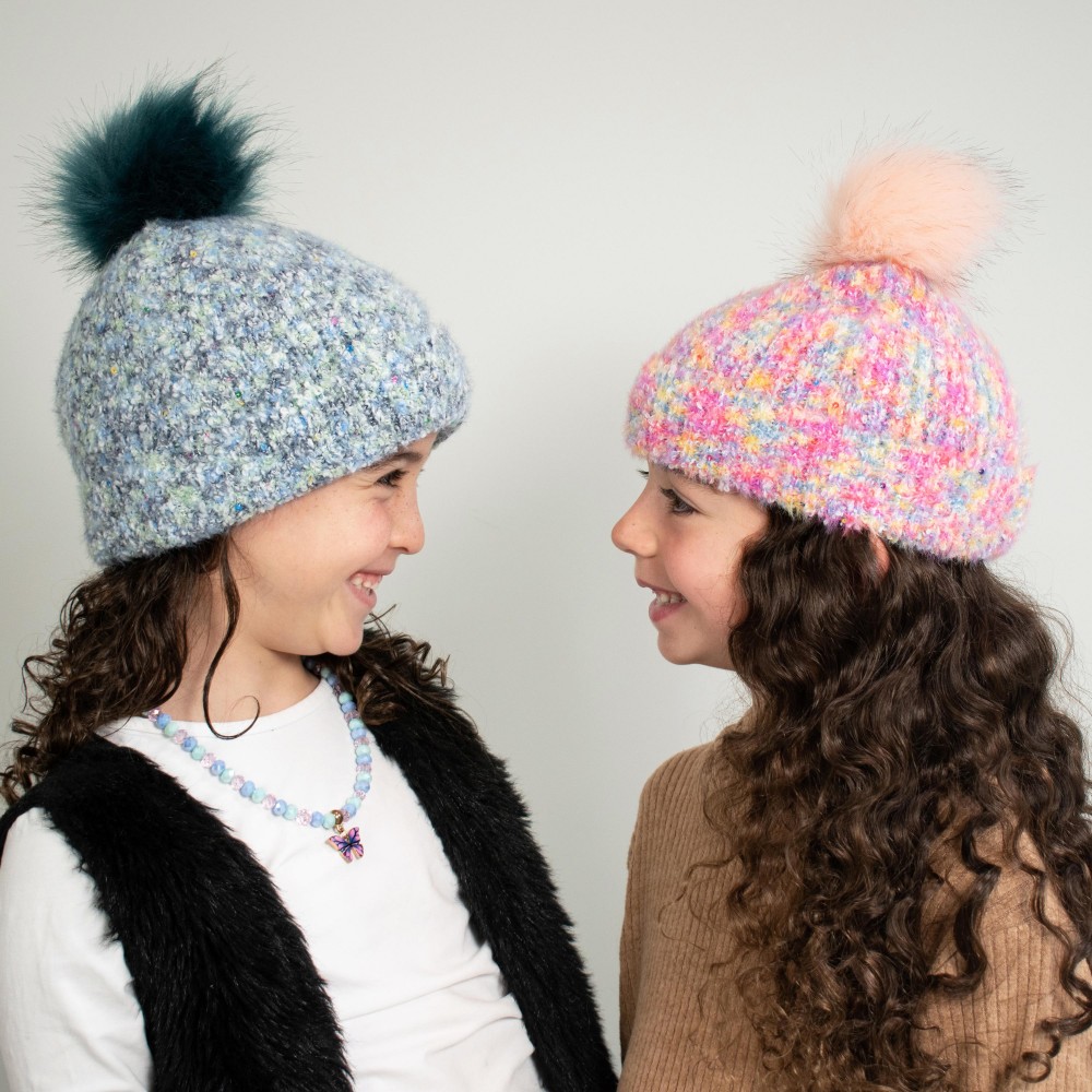 Kids Mixed Knit Beanie With Sequins And PomPom - 43% Acrylic/ 32% Nylon/ 23% Polyester/ 2% Sequins - Small Fits 3-6 -Medium Fits 6-12 view 6