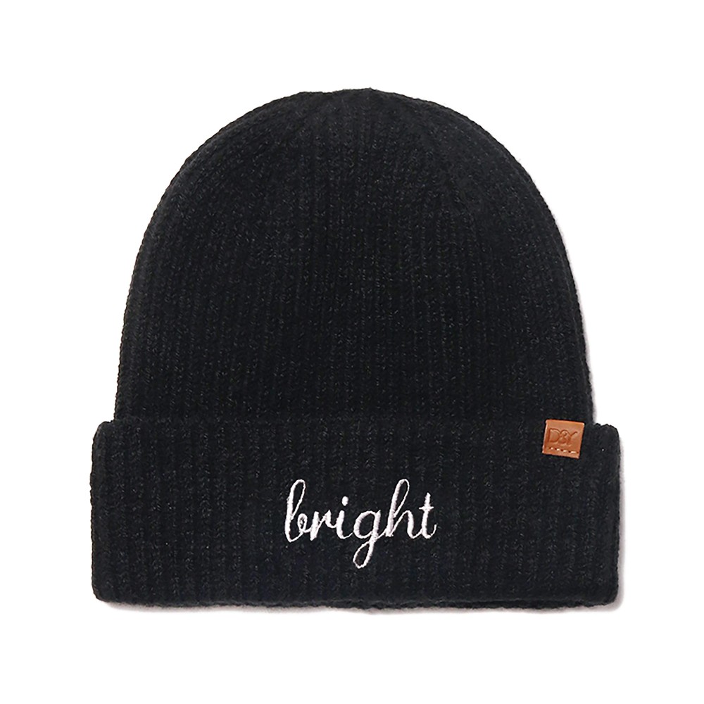 Knit Beanie Featuring Embroidered "Bright" - One Size Fits Most - 60% Acrylic, 35% Nylon, 5% Elastic view 2