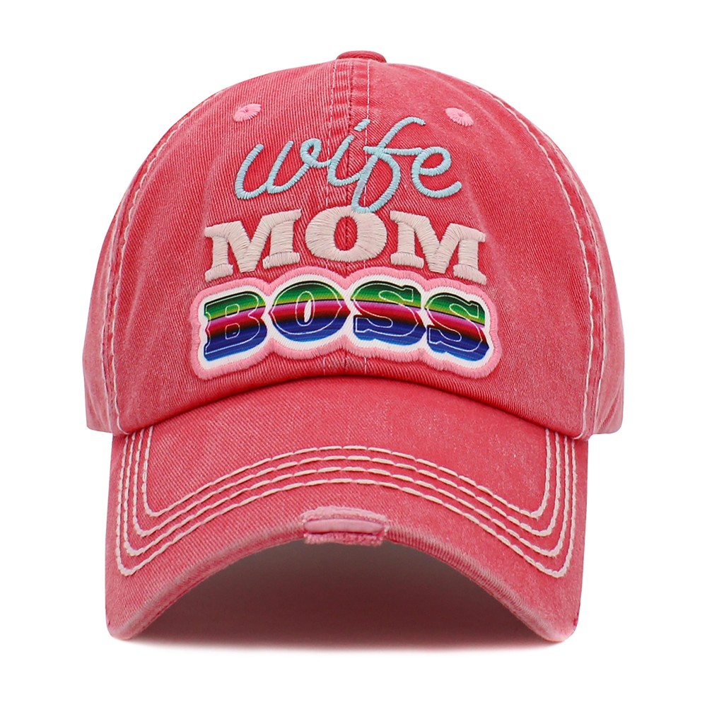Vintage Distressed Baseball Cap Featuring ' Wife Mom Boss' Embroidered Detail - One Size Fits Most - Adjustable Velcro Closure - 100% Cotton view 2