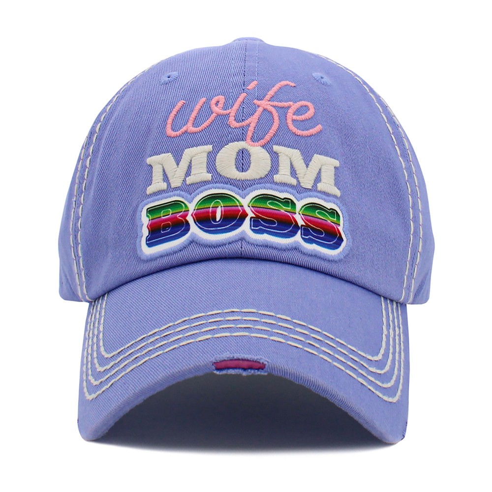 Vintage Distressed Baseball Cap Featuring ' Wife Mom Boss' Embroidered Detail - One Size Fits Most - Adjustable Velcro Closure - 100% Cotton view 2