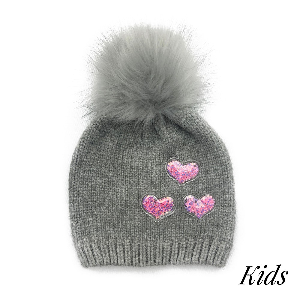 Kids Knit Beanie Featuring Glitter Filled 3D Heart And Faux Fur Pom - 52% Viscose/ 29% Polyester/ 19% Nylon - M/L Fits 6-12 view 2