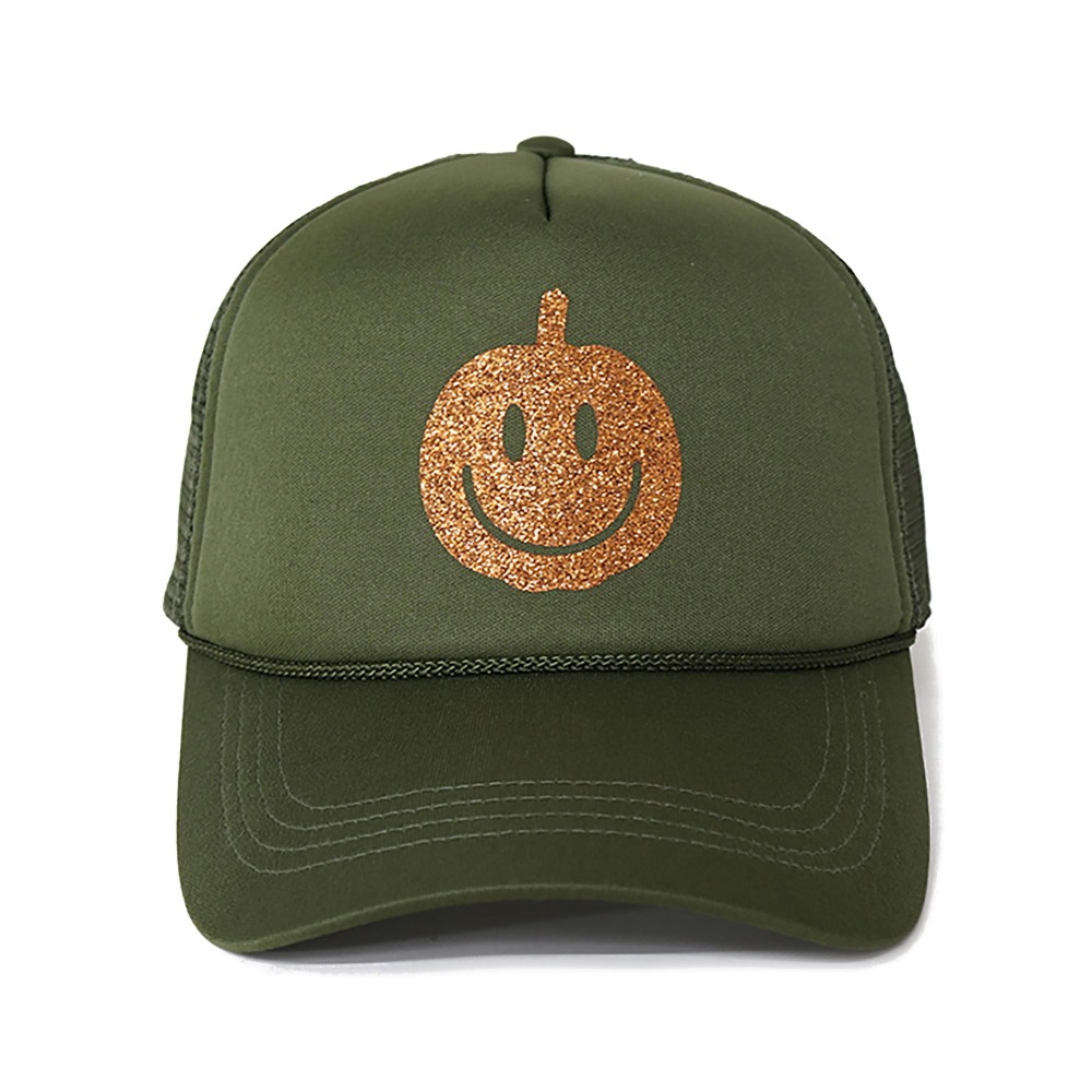 Glitter Happy Face Pumpkin Trucker Hat. - One Size Fits Most - Snap Adjustable Band - 100% Polyester view 2