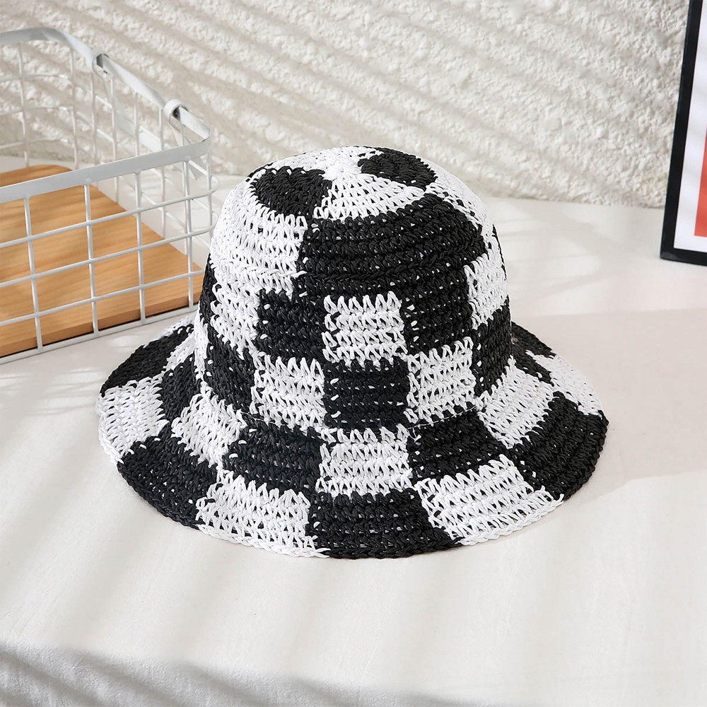 Woven Paper Straw Bucket Hat Featuring Two Tone Plaid - One Size Fits Most (Adjustable Drawstring) - Brim Approximately 3" L - 100% Paper - Moldable Wire Brim view 2
