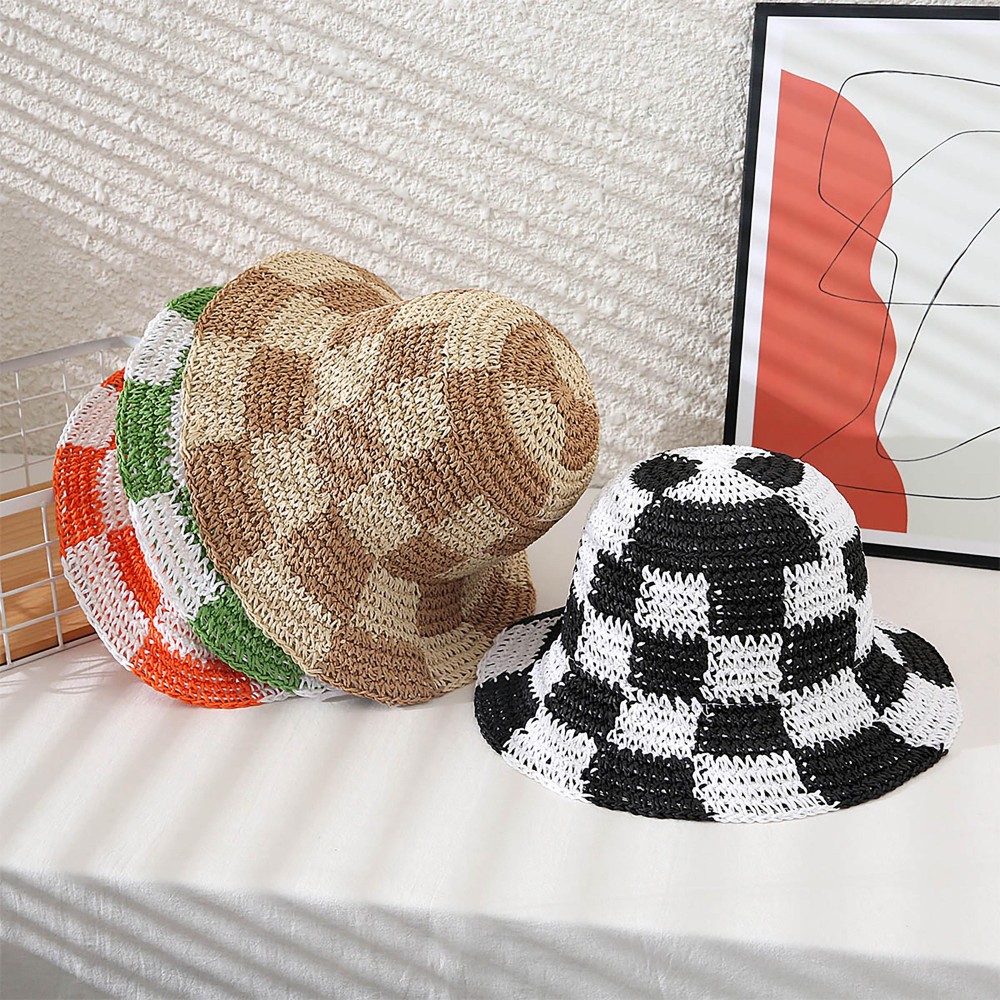Woven Paper Straw Bucket Hat Featuring Two Tone Plaid - One Size Fits Most (Adjustable Drawstring) - Brim Approximately 3" L - 100% Paper - Moldable Wire Brim view 4