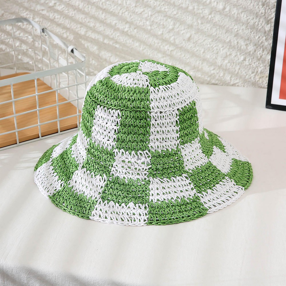 Woven Paper Straw Bucket Hat Featuring Two Tone Plaid - One Size Fits Most (Adjustable Drawstring) - Brim Approximately 3" L - 100% Paper - Moldable Wire Brim view 2