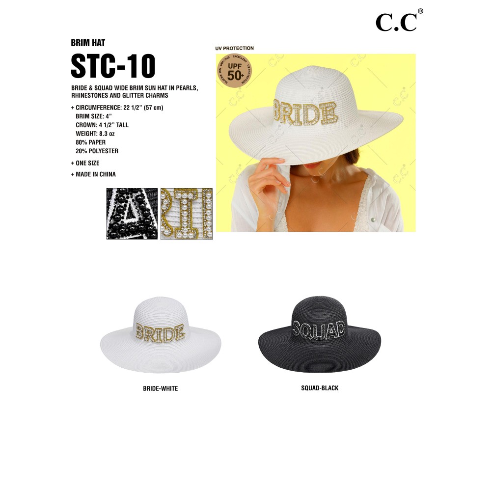 C.C STC-10 Brim Hat Bride & Squad Wide Brim Sun Hat In Pearls, Rhinestone and Glitter Charms - One Size Fits Most With Internal Drawstring - Brim Approximately 4" - 80% Paper/ 20% Polyester view 4