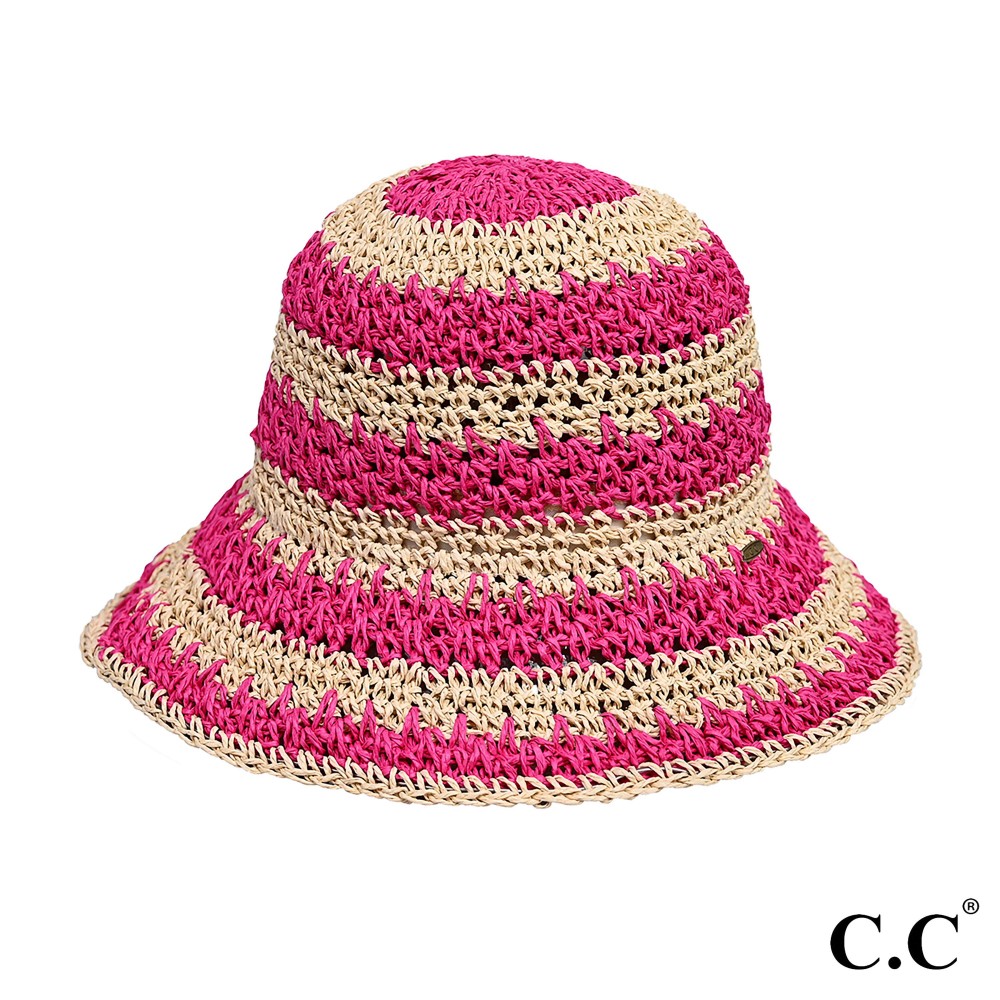 C.C ST-4245 Paper Straw Hand Crochet Clothe Bucket Hat in Two Tone Stripes - One Size Fits Most - 100% Paper Straw view 2