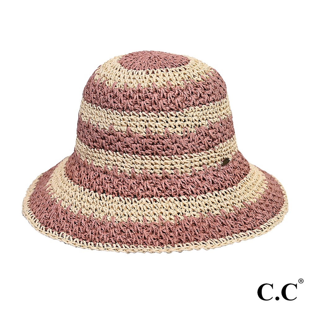 C.C ST-4245 Paper Straw Hand Crochet Clothe Bucket Hat in Two Tone Stripes - One Size Fits Most - 100% Paper Straw view 2