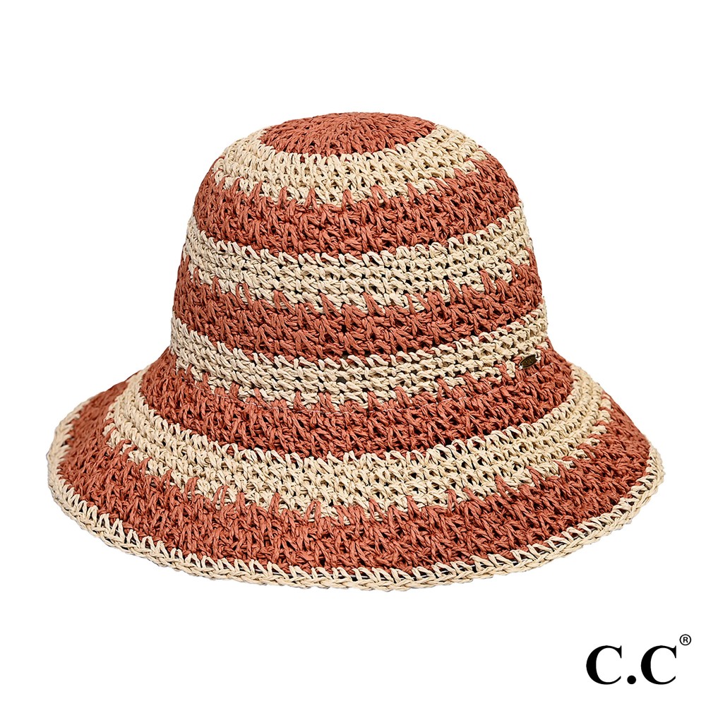 C.C ST-4245 Paper Straw Hand Crochet Clothe Bucket Hat in Two Tone Stripes - One Size Fits Most - 100% Paper Straw view 2