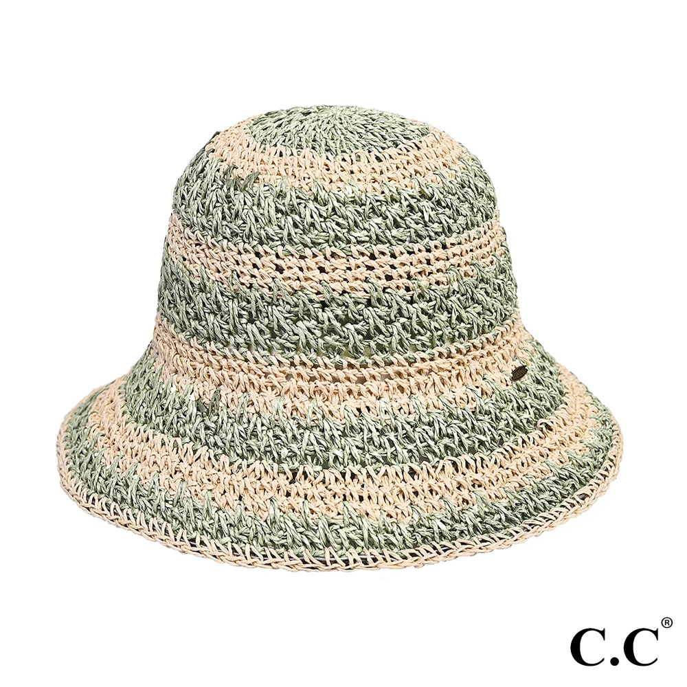 C.C ST-4245 Paper Straw Hand Crochet Clothe Bucket Hat in Two Tone Stripes - One Size Fits Most - 100% Paper Straw view 2