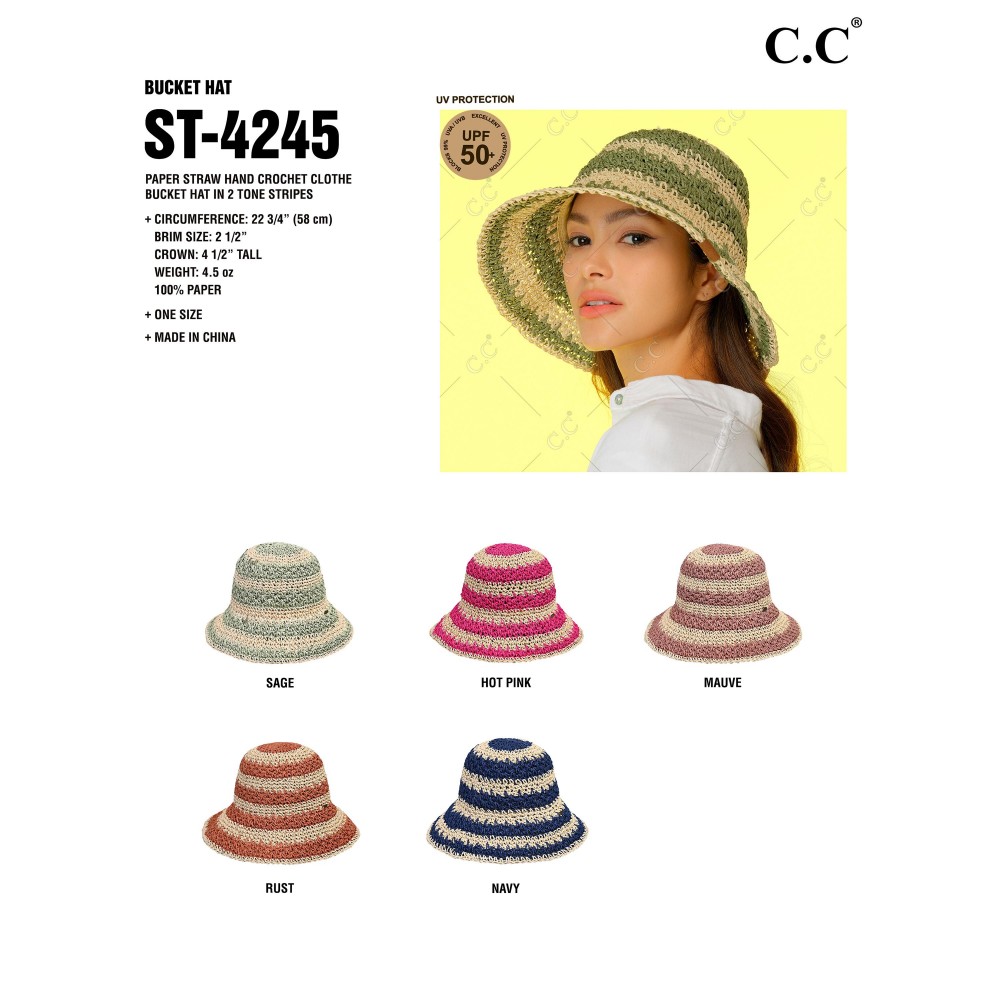 C.C ST-4245 Paper Straw Hand Crochet Clothe Bucket Hat in Two Tone Stripes - One Size Fits Most - 100% Paper Straw view 4