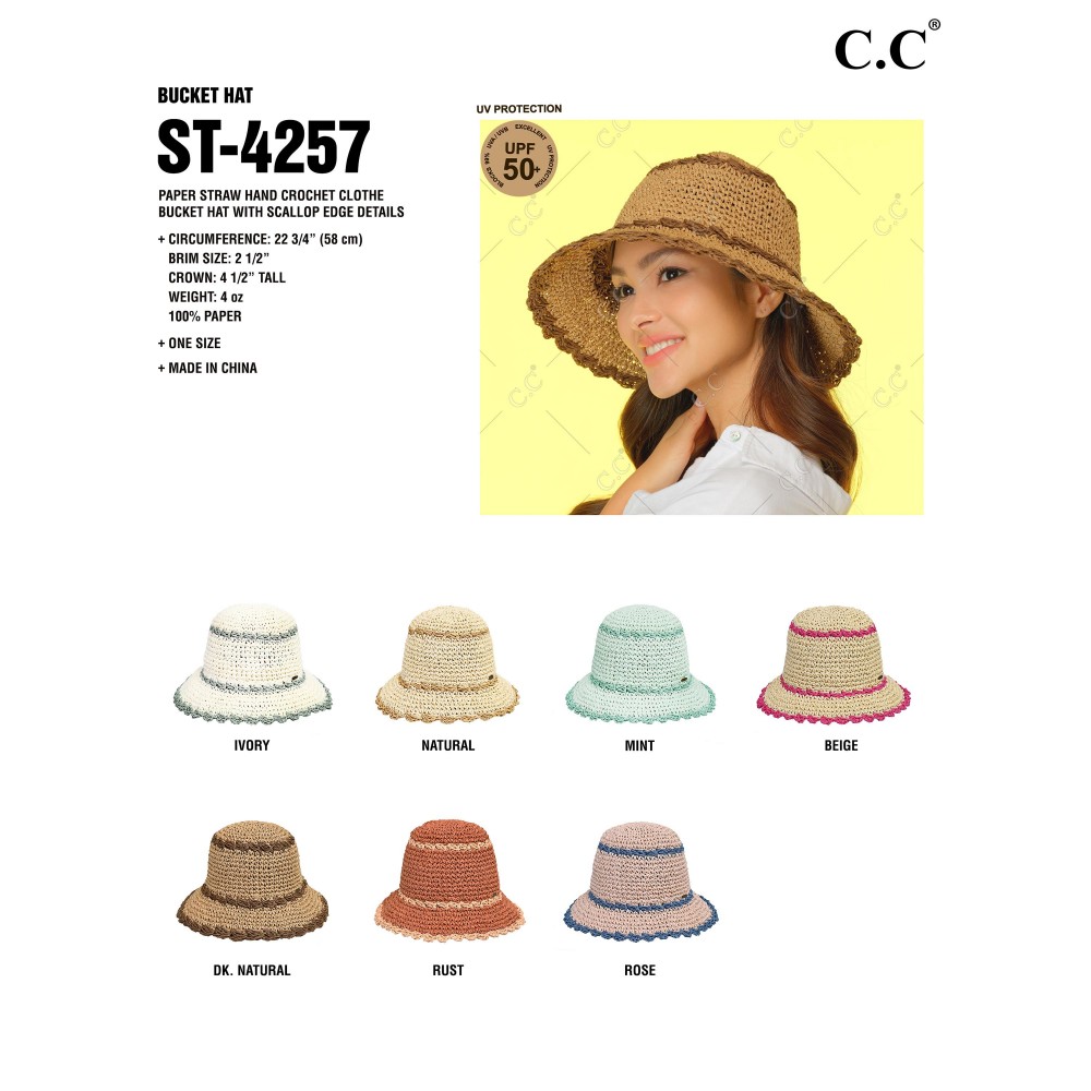 C.C ST-4257 Paper Straw Hand Crochet Clothe Bucket Hat With Scallop Edge Details - One Size Fits Most - 100% Paper Straw view 4