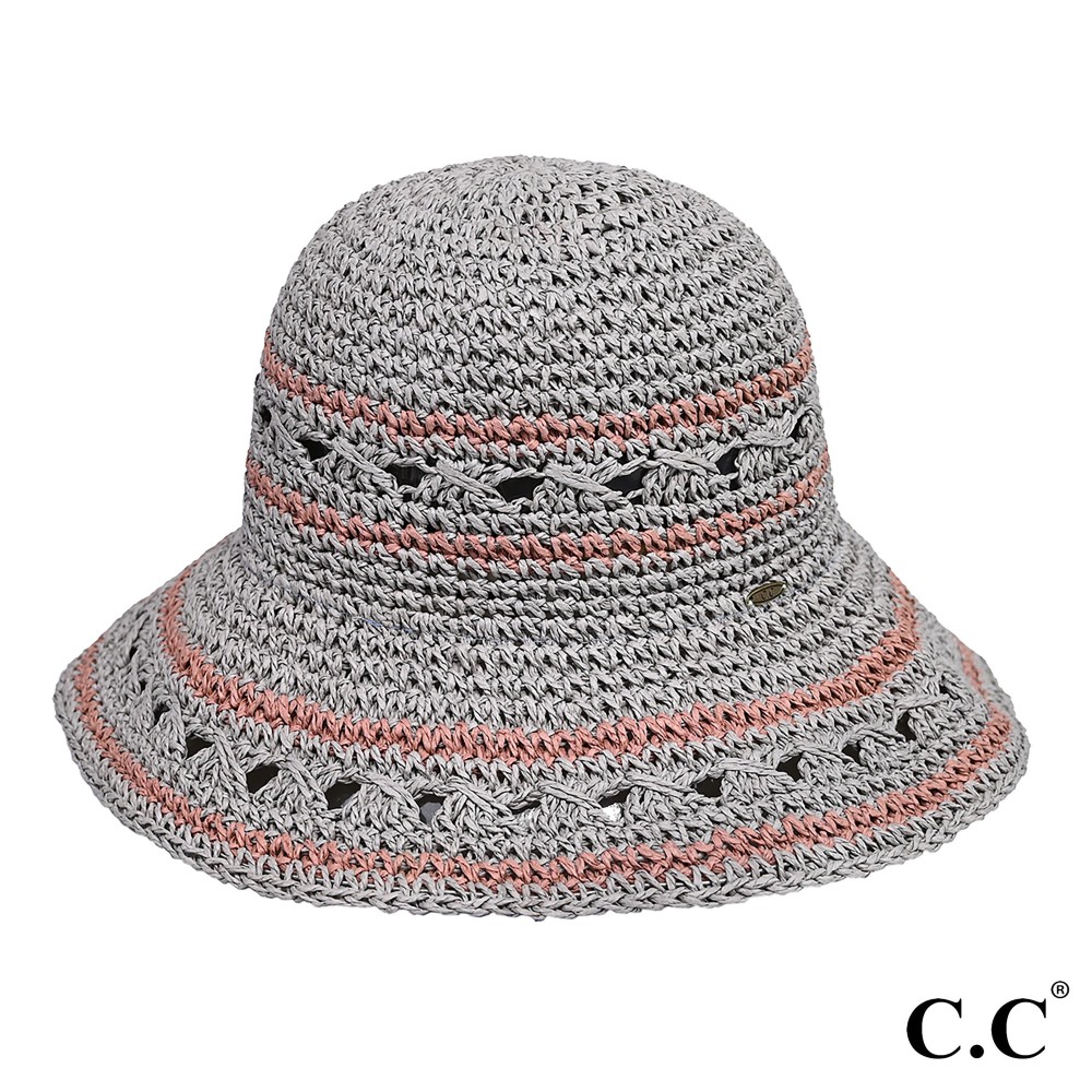 C.C ST-4259 Paper Straw Hand Crochet Clothe Bucket Hat in Thin Stripe Pattern - One Size Fits Most - 100% Paper Straw view 2