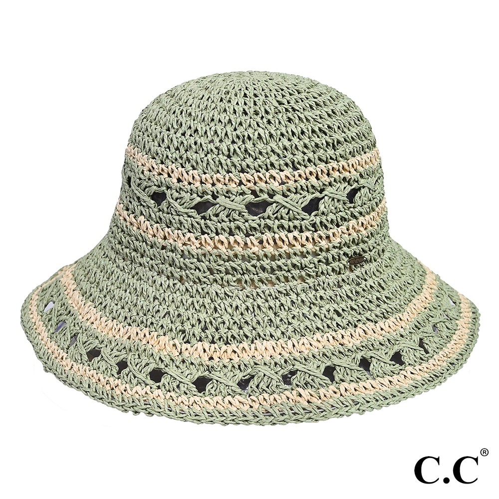 C.C ST-4259 Paper Straw Hand Crochet Clothe Bucket Hat in Thin Stripe Pattern - One Size Fits Most - 100% Paper Straw view 2