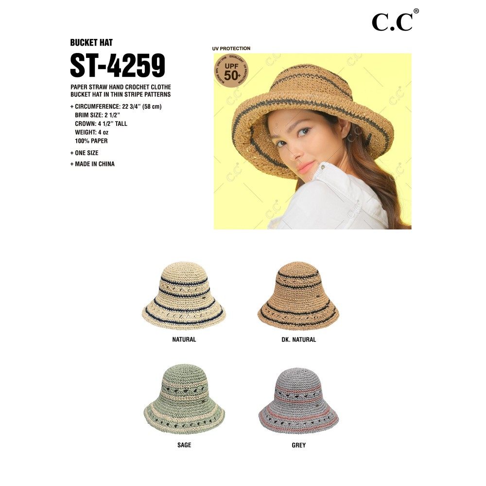 C.C ST-4259 Paper Straw Hand Crochet Clothe Bucket Hat in Thin Stripe Pattern - One Size Fits Most - 100% Paper Straw view 4