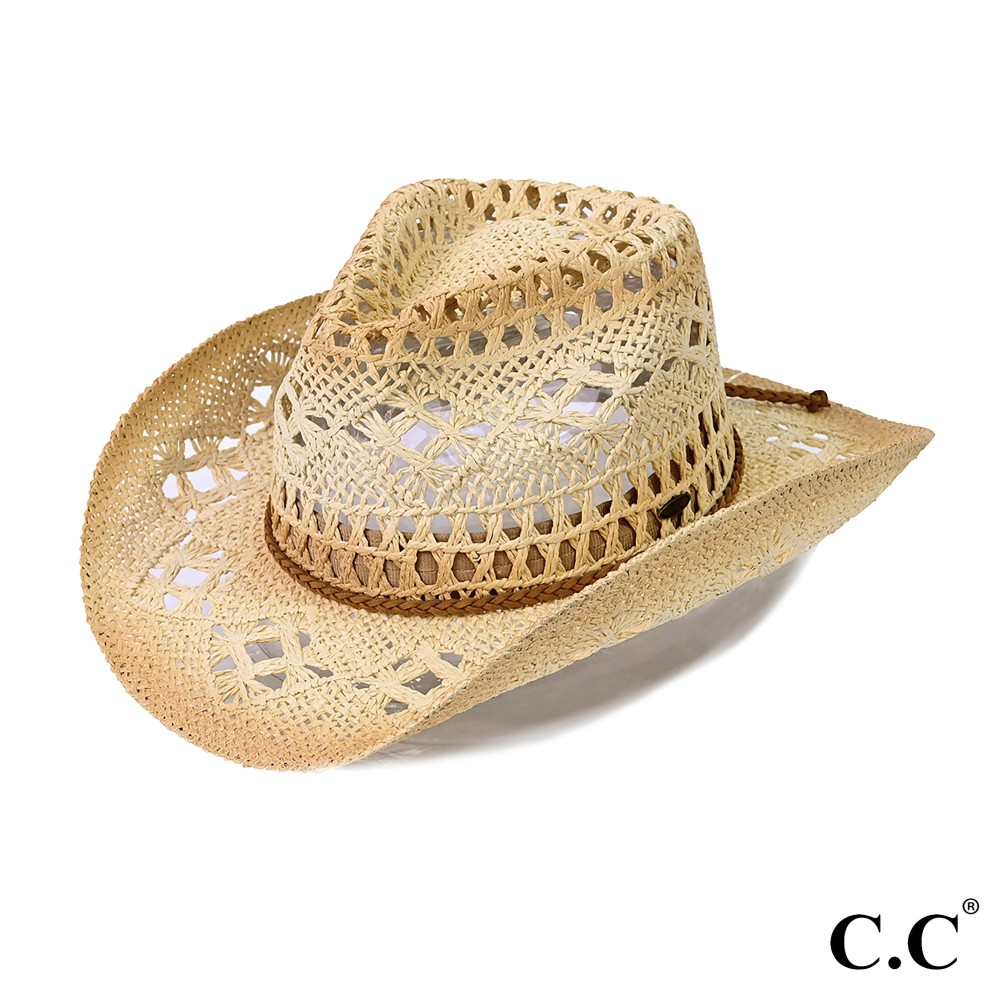 C.C CBC-07 Ombre Open Weave Cowboy Hat With Braided Suede Trim Band - One Size Fits Most - Adjustable Drawstring - 100% Paper Straw view 2