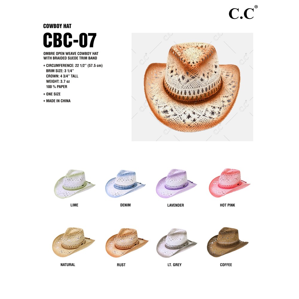 C.C CBC-07 Ombre Open Weave Cowboy Hat With Braided Suede Trim Band - One Size Fits Most - Adjustable Drawstring - 100% Paper Straw view 4