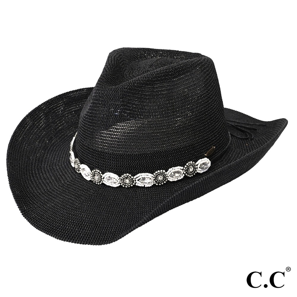 C.C CBC-08 Cowboy Hat Cowboy Hat With Pearl & Rhinestone Jewel Charm Trim Band - One Size Fits Most (Internal Drawstring Adjustable) - 60% Paper/ 40% Polyester - Brim Approximately 3.5" L view 2