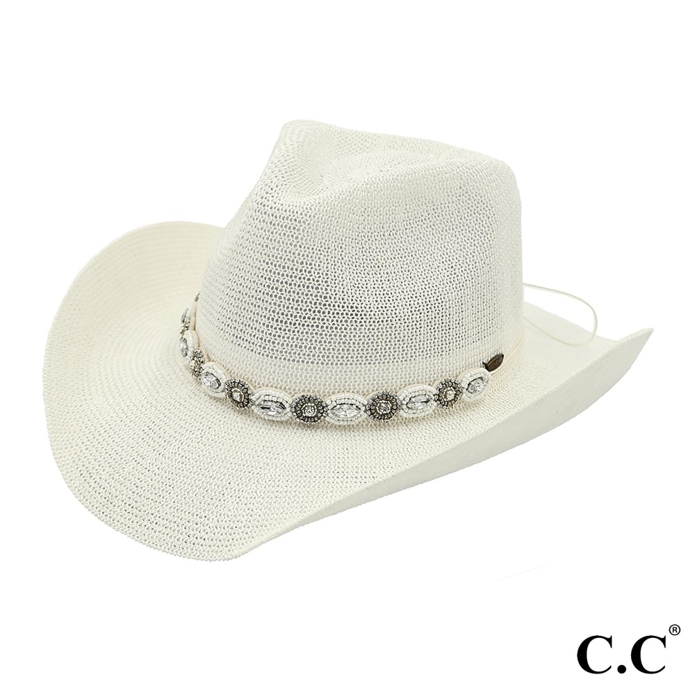 C.C CBC-08 Cowboy Hat Cowboy Hat With Pearl & Rhinestone Jewel Charm Trim Band - One Size Fits Most (Internal Drawstring Adjustable) - 60% Paper/ 40% Polyester - Brim Approximately 3.5" L view 2