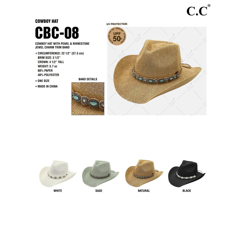 C.C CBC-08 Cowboy Hat Cowboy Hat With Pearl & Rhinestone Jewel Charm Trim Band - One Size Fits Most (Internal Drawstring Adjustable) - 60% Paper/ 40% Polyester - Brim Approximately 3.5" L view 4