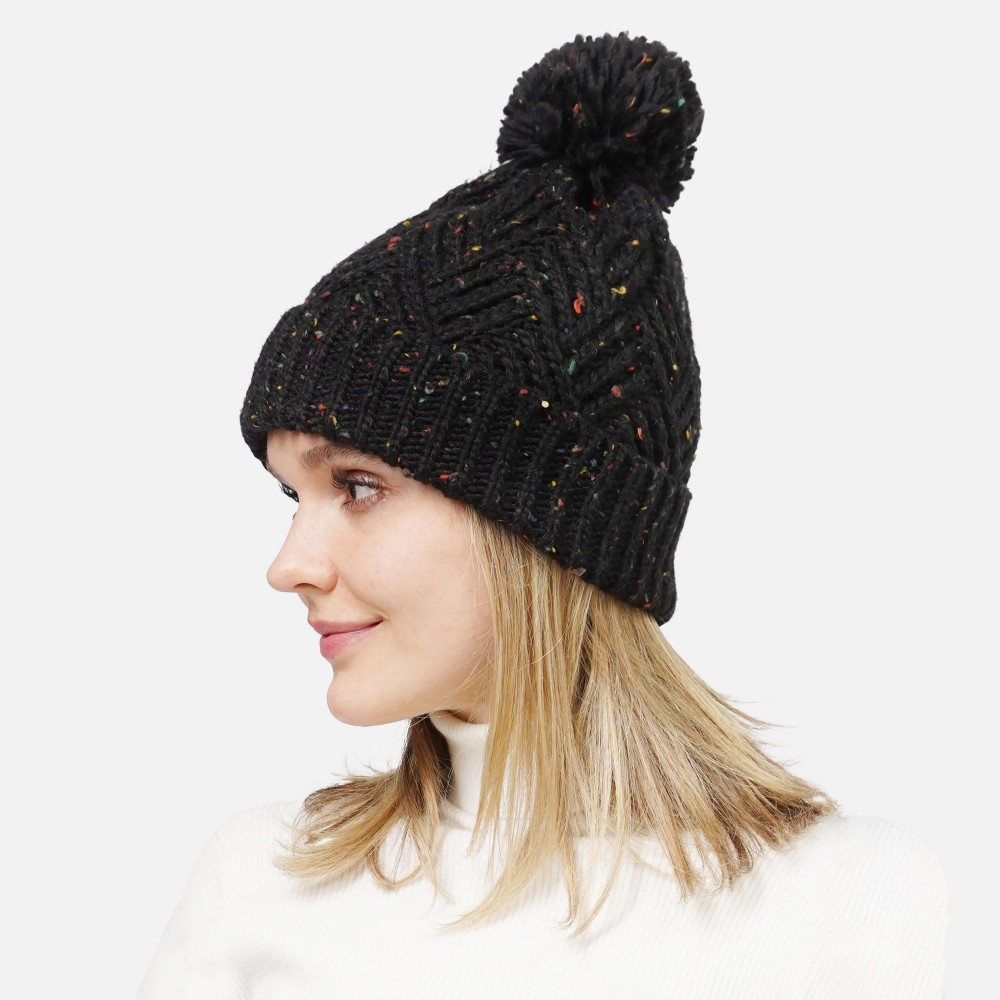 Confetti Knit Beanie WIth String Pom Pom - One Size Fits Most - 100% Acrylic view 2