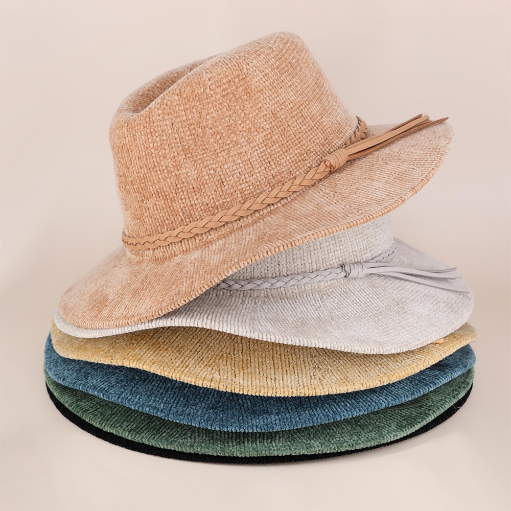 Corduroy Fedora Hat With Matching Braided Leather Band - One Size Fits Most - Internal Adjustable Drawstring - Brim Approximately 2.5" W - 100% Polyester view 4