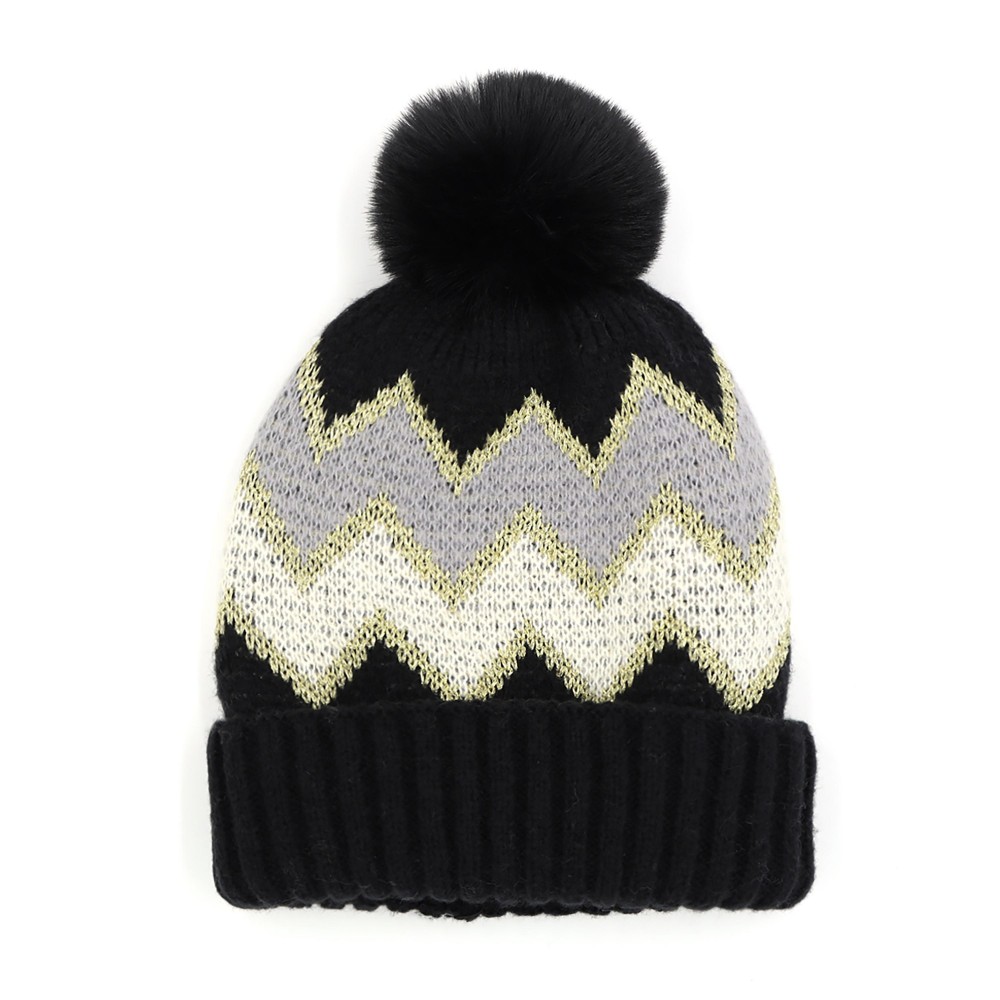Tinsel Accented Chevron Knit Beanie With Faux Fur Pom - One Size Fits Most - 100% Polyester view 2