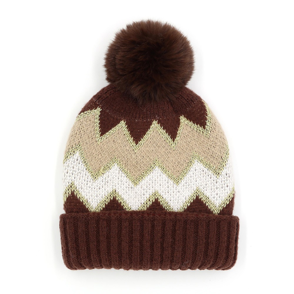 Tinsel Accented Chevron Knit Beanie With Faux Fur Pom - One Size Fits Most - 100% Polyester view 2