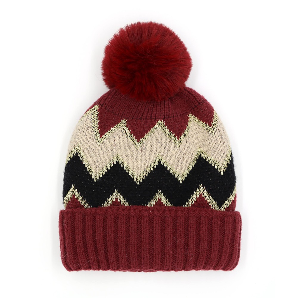 Tinsel Accented Chevron Knit Beanie With Faux Fur Pom - One Size Fits Most - 100% Polyester view 2