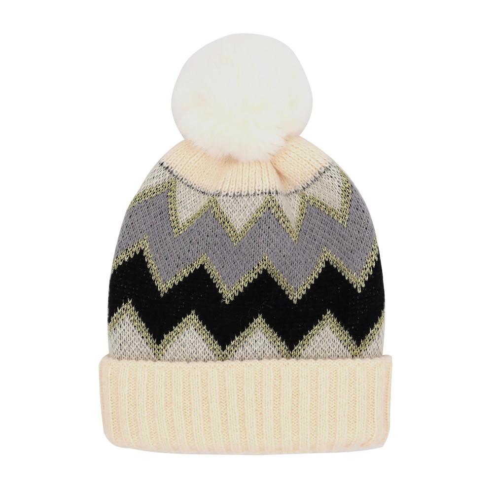 Tinsel Accented Chevron Knit Beanie With Faux Fur Pom - One Size Fits Most - 100% Polyester view 2