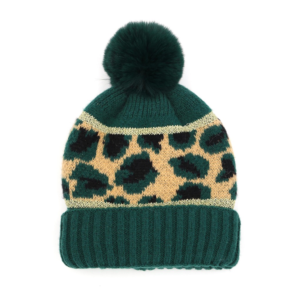 Animal Print Beanie With Tinsel And Faux Pom Details - One Size Fits Most - 100% Polyester view 2