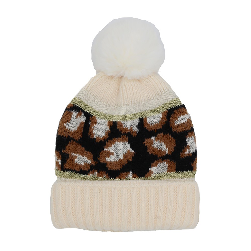 Animal Print Beanie With Tinsel And Faux Pom Details - One Size Fits Most - 100% Polyester view 2