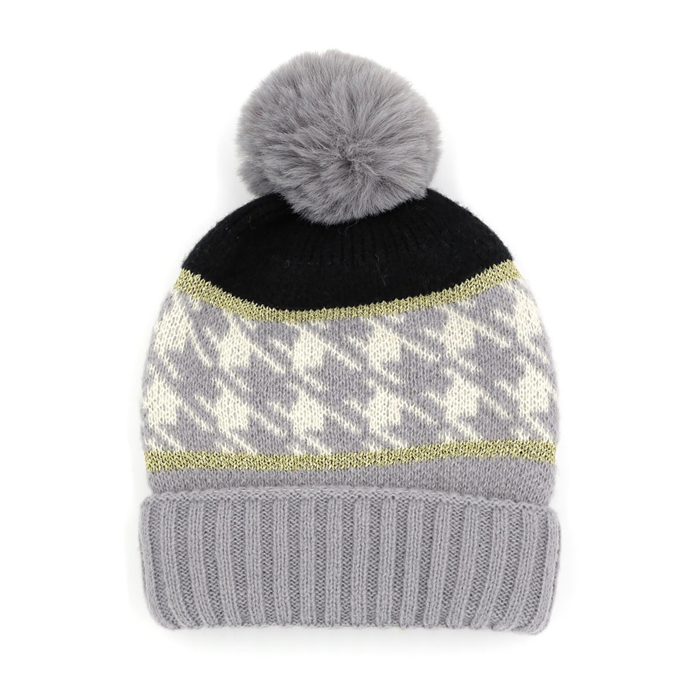 Houndstooth And Tinsel Accented Beanie With Faux Fur Pom - One Size Fits Most - 100% Polyester view 2