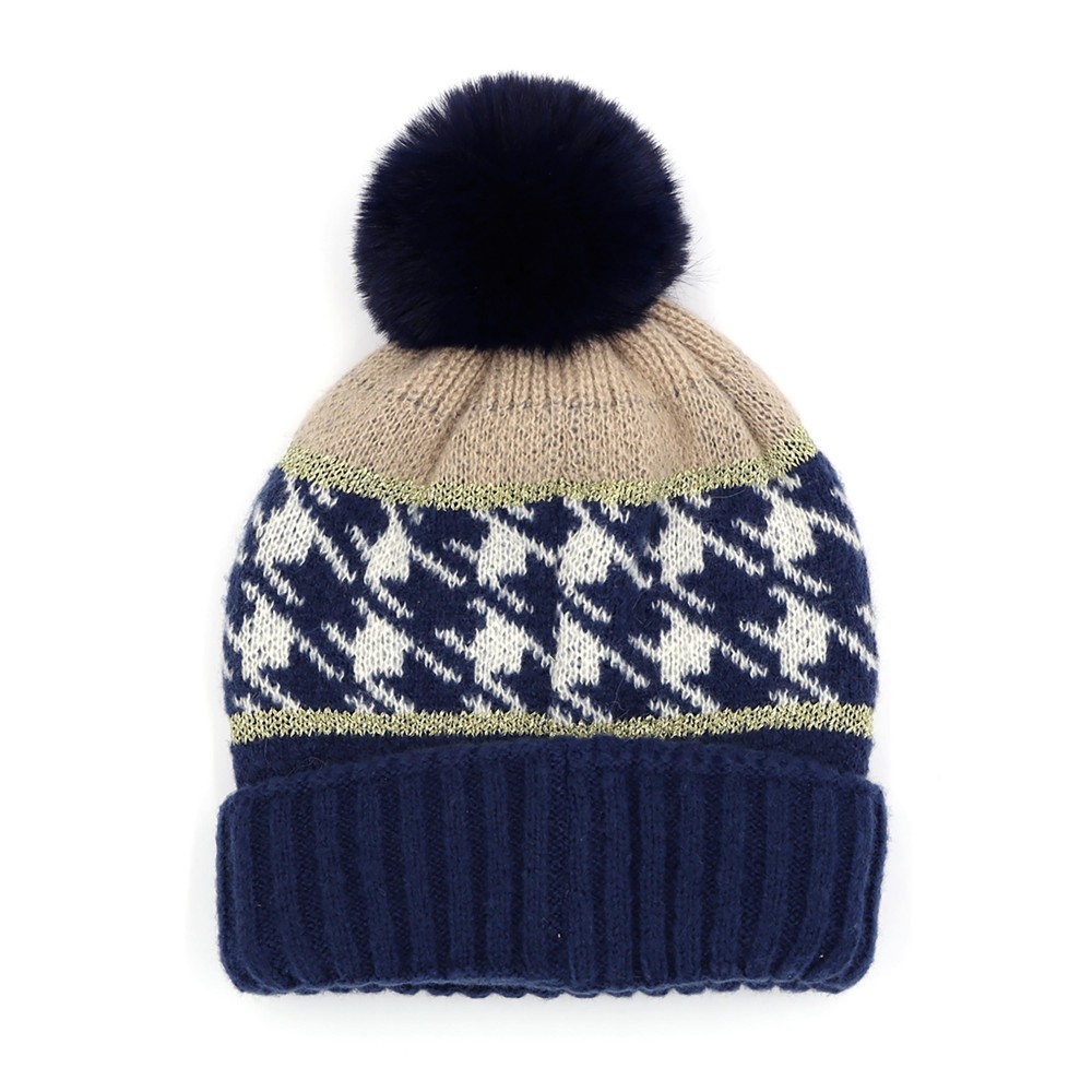 Houndstooth And Tinsel Accented Beanie With Faux Fur Pom - One Size Fits Most - 100% Polyester view 2