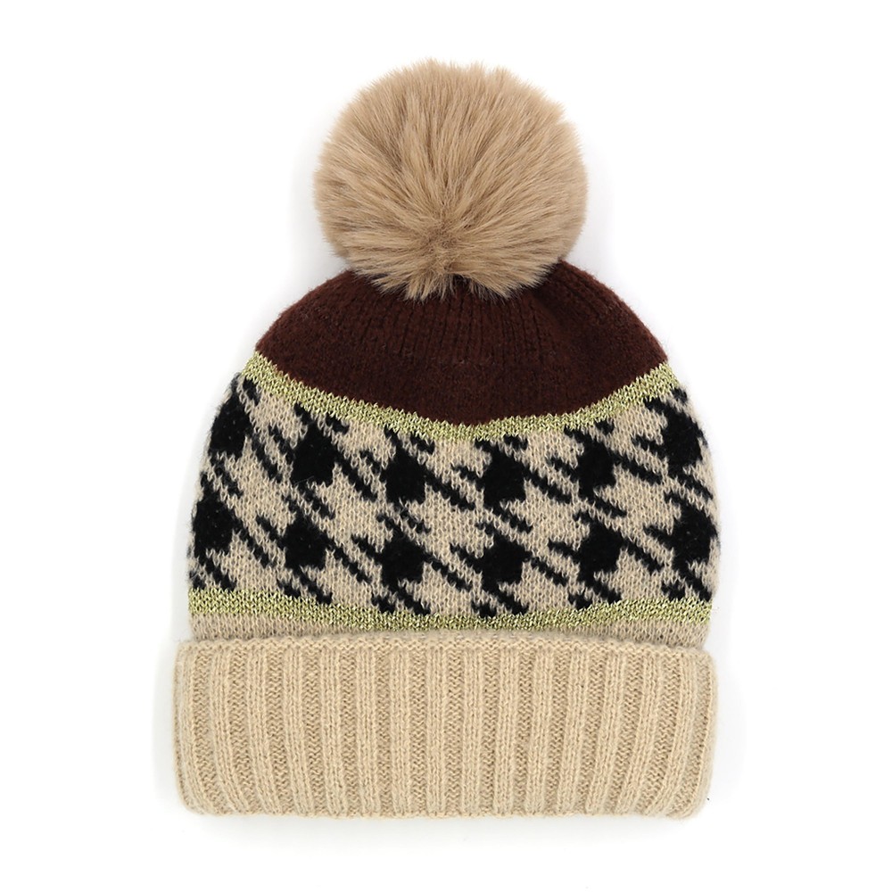 Houndstooth And Tinsel Accented Beanie With Faux Fur Pom - One Size Fits Most - 100% Polyester view 2
