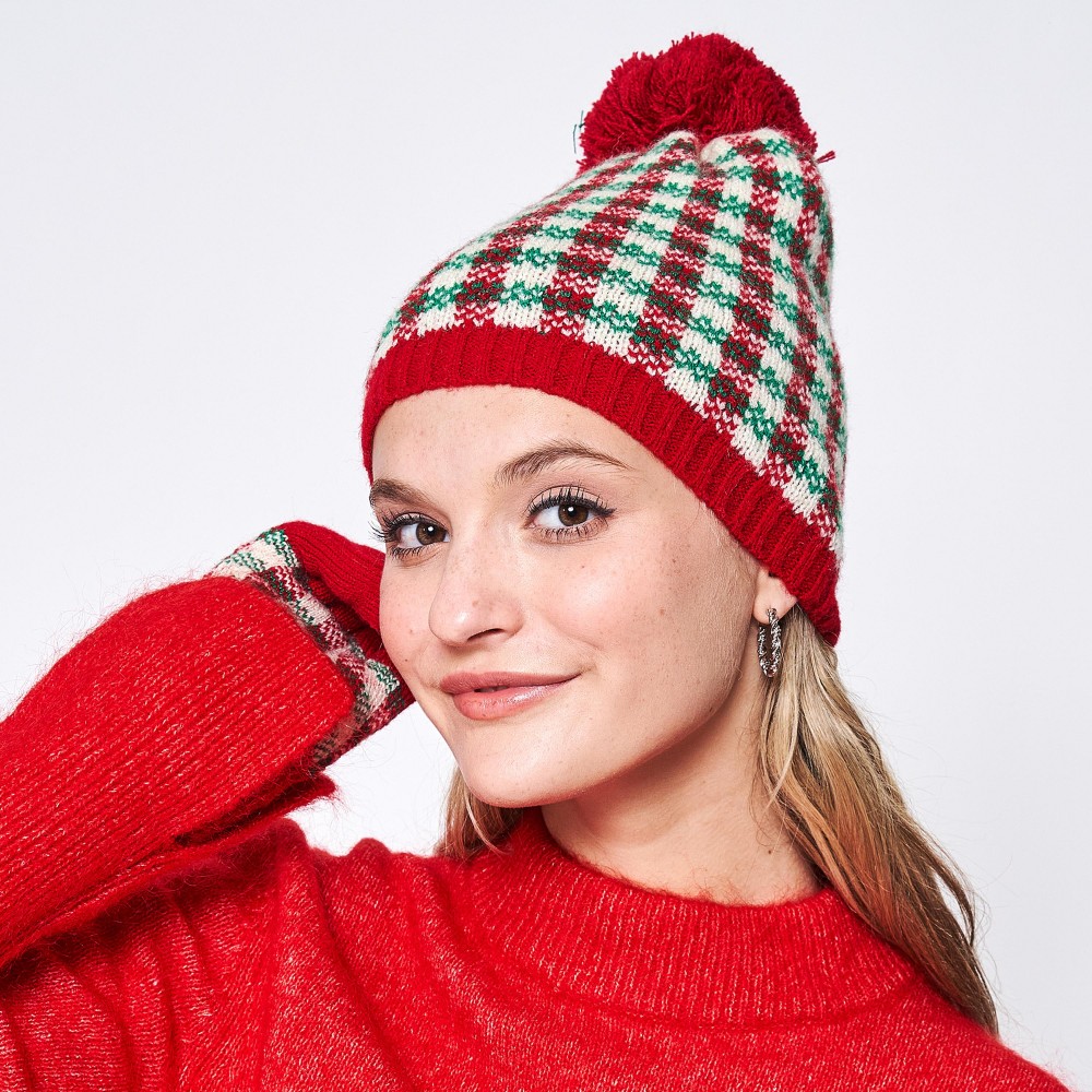 Do Everything In Love Plaid Holiday Beanie With String Pom - One Size Fits Most - 100% Acrylic view 2